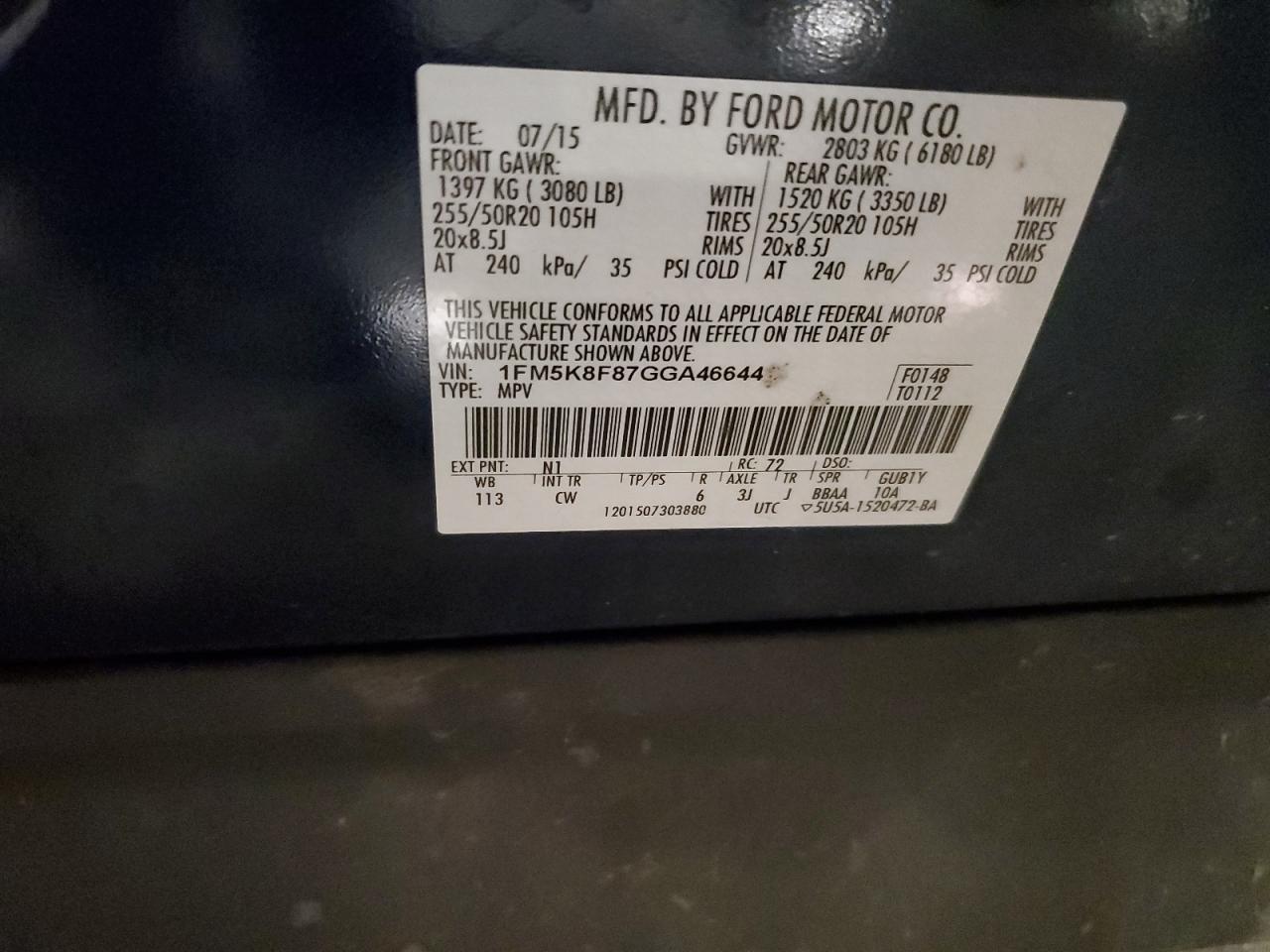 2016 Ford Explorer Limited VIN: 1FM5K8F87GGA46644 Lot: 85778595