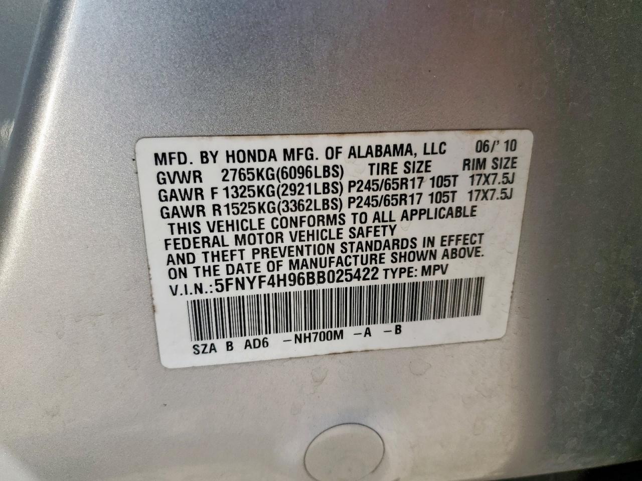 2011 Honda Pilot Touring VIN: 5FNYF4H96BB025422 Lot: 82412325