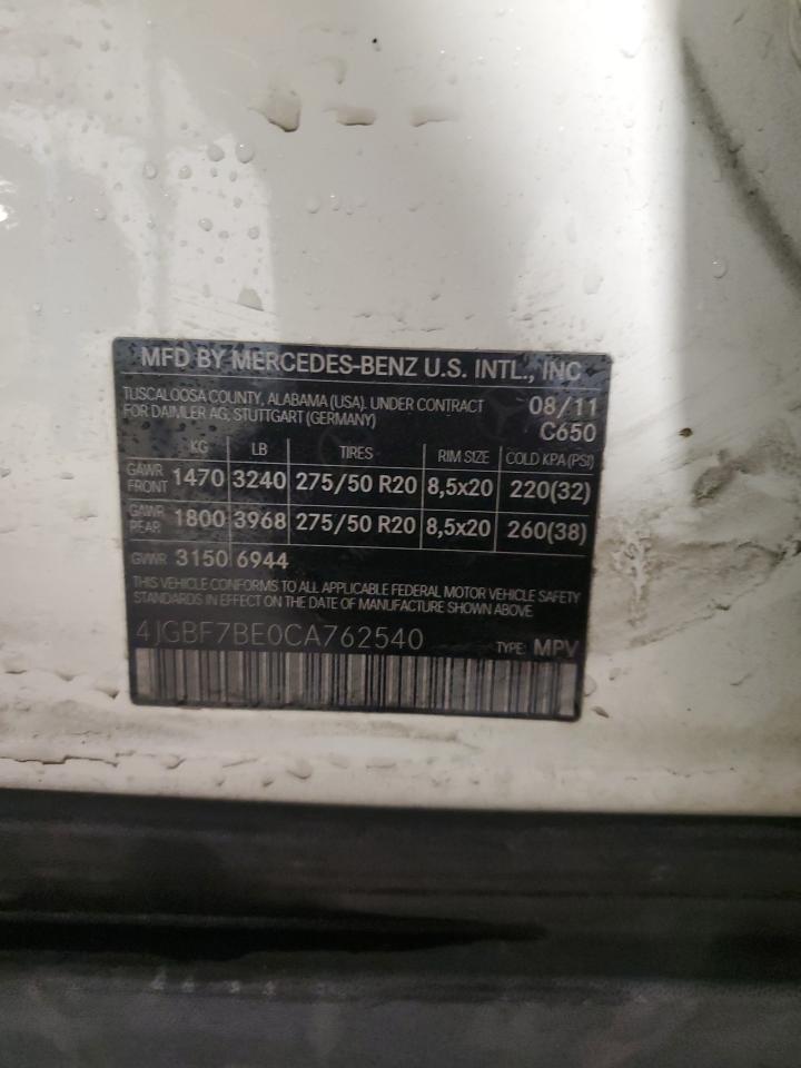 2012 Mercedes-Benz Gl 450 4Matic VIN: 4JGBF7BE0CA762540 Lot: 84862585