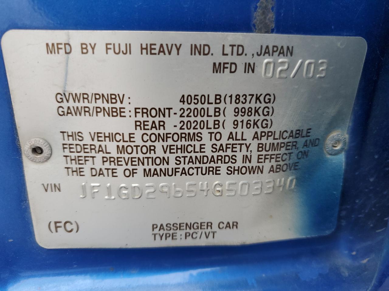 2004 Subaru Impreza Wrx VIN: JF1GD29654G503340 Lot: 87124005