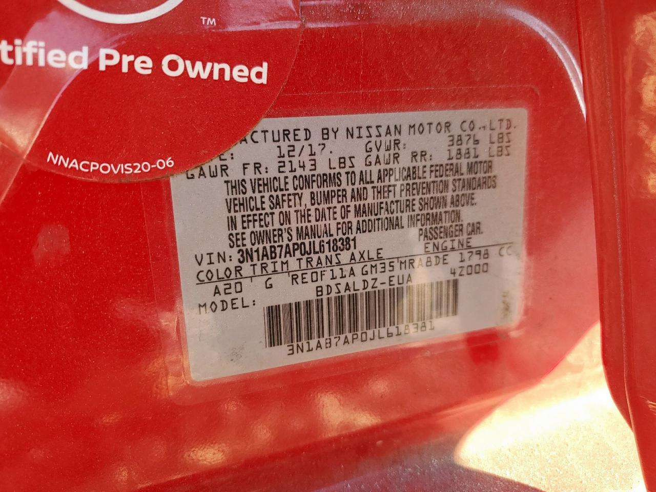 2018 Nissan Sentra S VIN: 3N1AB7AP0JL618381 Lot: 82488455