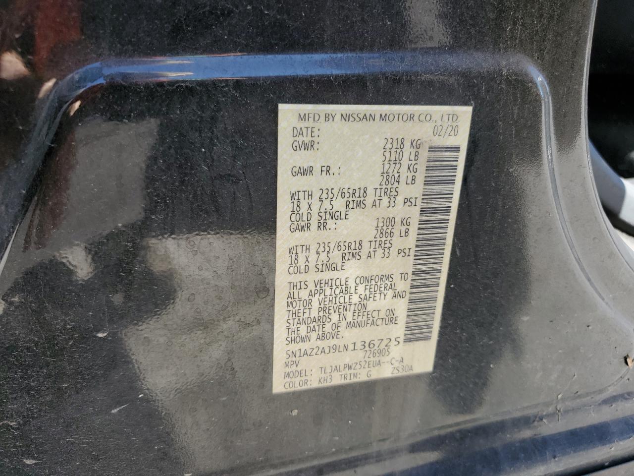 2020 Nissan Murano S VIN: 5N1AZ2AJ9LN136725 Lot: 85155455