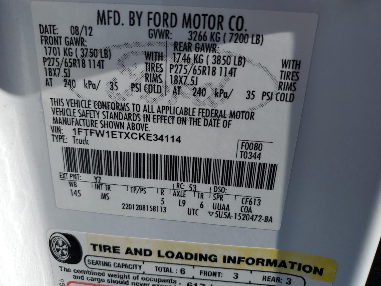 2012 Ford F150 Supercrew VIN: 1FTFW1ETXCKE34114 Lot: 85420065