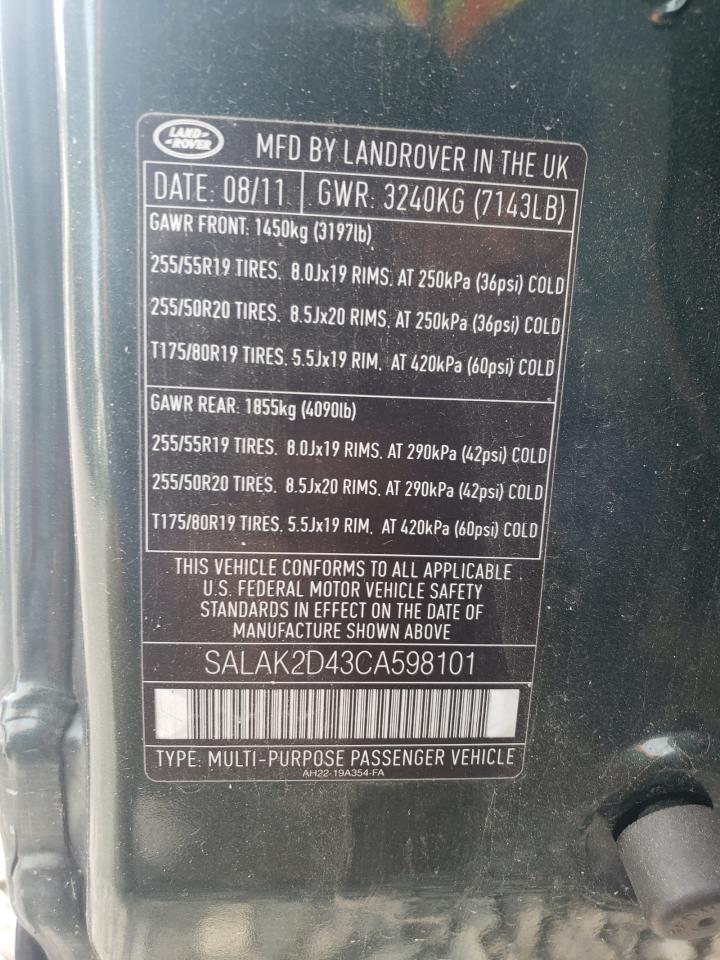 2012 Land Rover Lr4 Hse Luxury VIN: SALAK2D43CA598101 Lot: 82392275