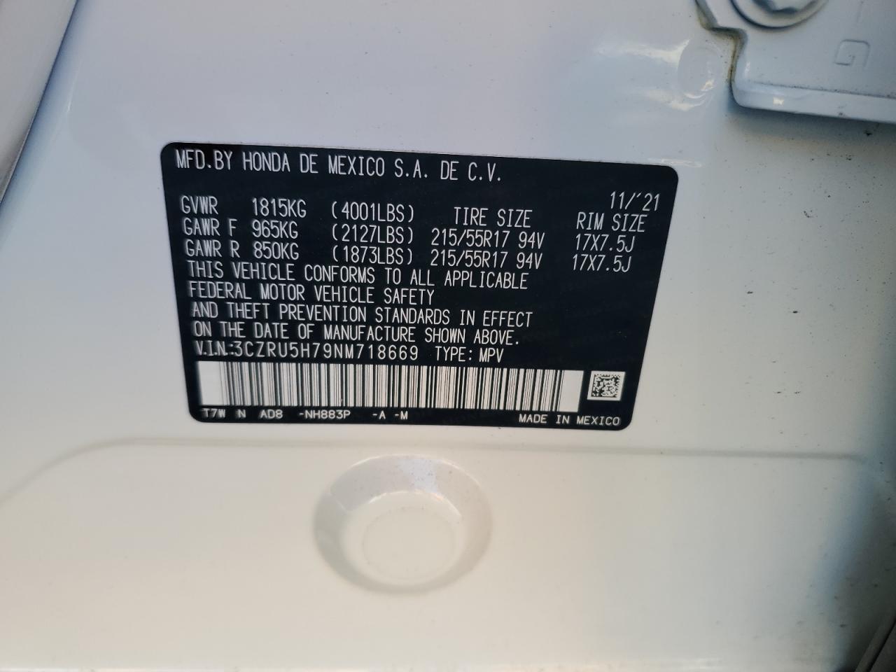 2022 Honda Hr-V Exl VIN: 3CZRU5H79NM718669 Lot: 86652995