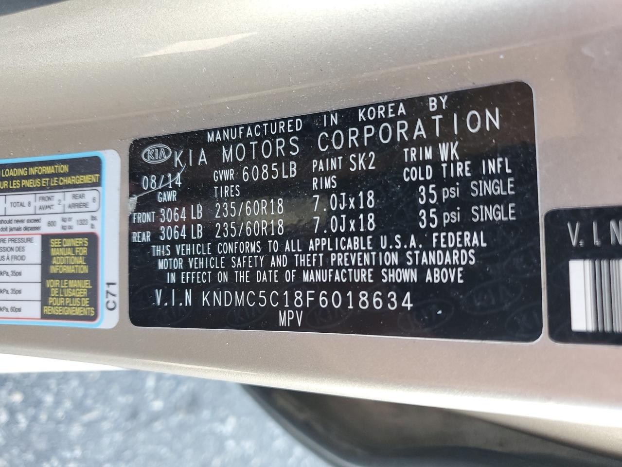 2015 Kia Sedona Ex VIN: KNDMC5C18F6018634 Lot: 86774335