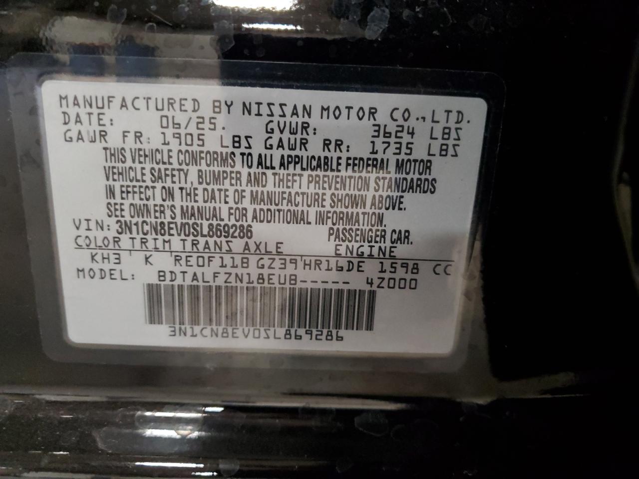 2025 Nissan Versa Sv VIN: 3N1CN8EV0SL869286 Lot: 86113375