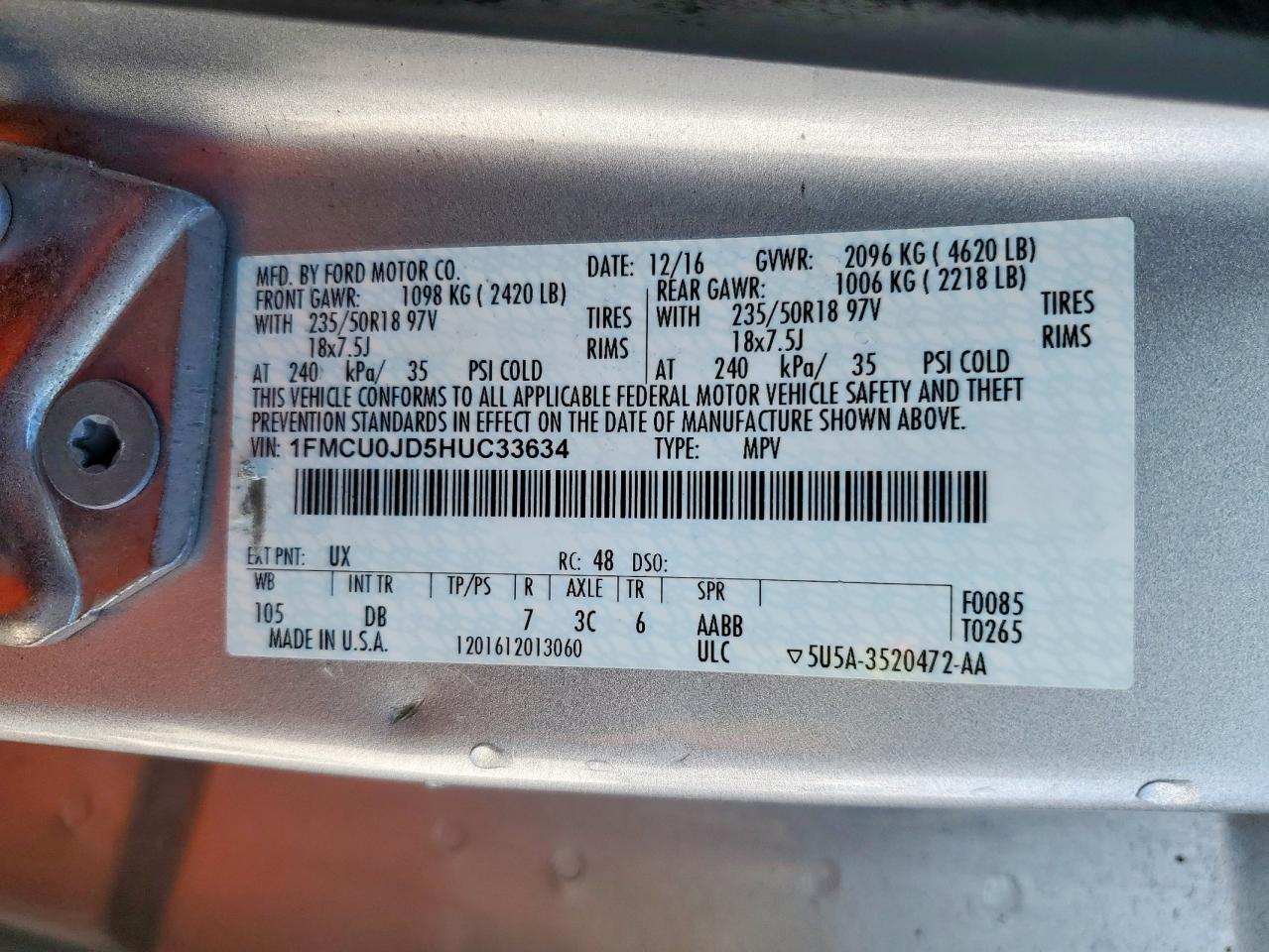 2017 Ford Escape Titanium VIN: 1FMCU0JD5HUC33634 Lot: 85294655