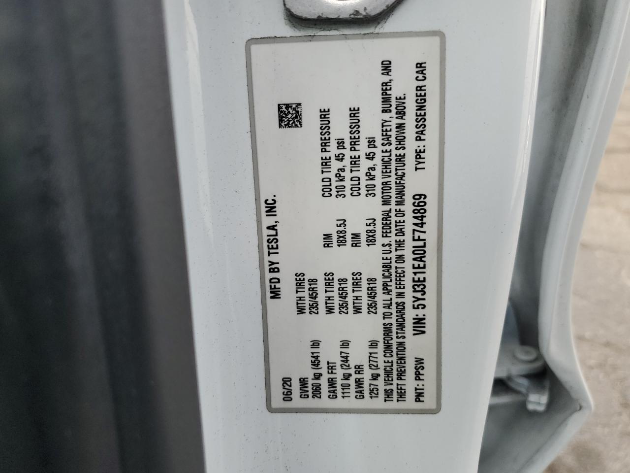 2020 Tesla Model 3 VIN: 5YJ3E1EA0LF744869 Lot: 85909595