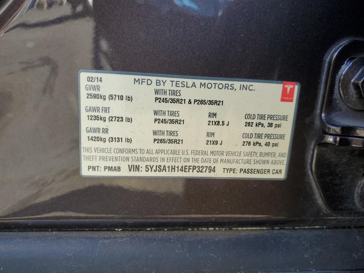 2014 Tesla Model S VIN: 5YJSA1H14EFP32794 Lot: 84924085
