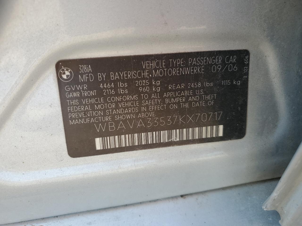 2007 BMW 328 I VIN: WBAVA33537KX70717 Lot: 84769435