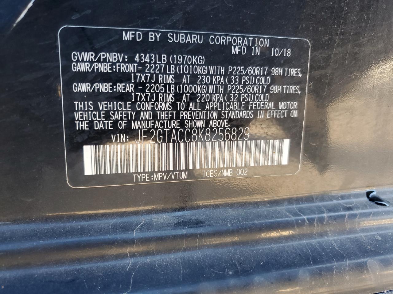 2019 Subaru Crosstrek Premium VIN: JF2GTACC8K8256829 Lot: 85142475