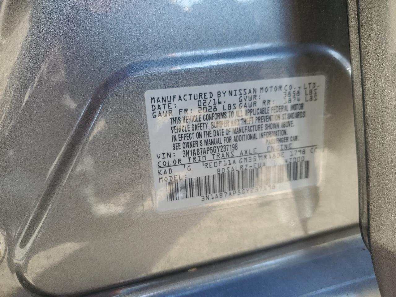 2016 Nissan Sentra S VIN: 3N1AB7AP5GY237198 Lot: 87441175