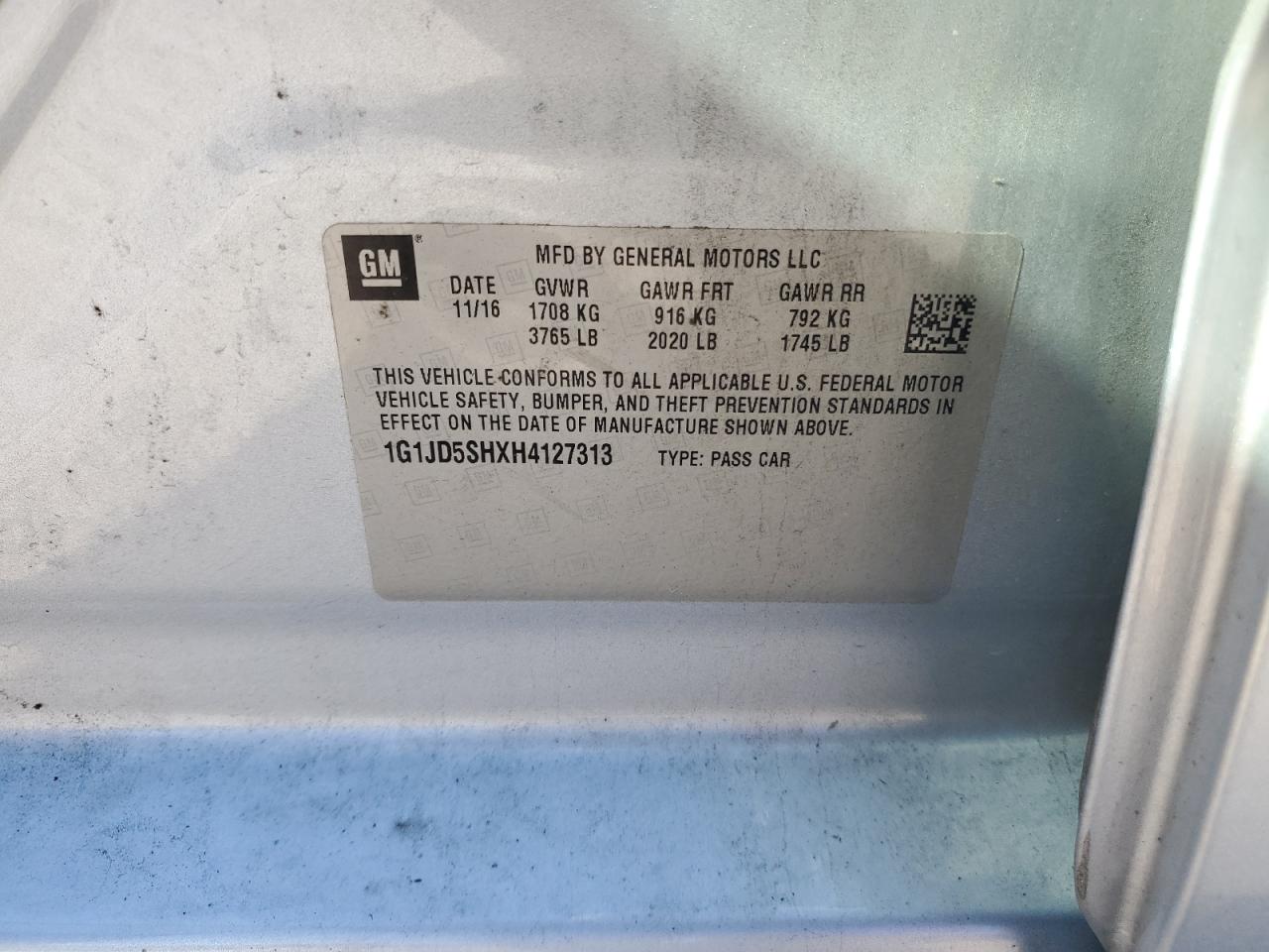 2017 Chevrolet Sonic Lt VIN: 1G1JD5SHXH4127313 Lot: 85871935