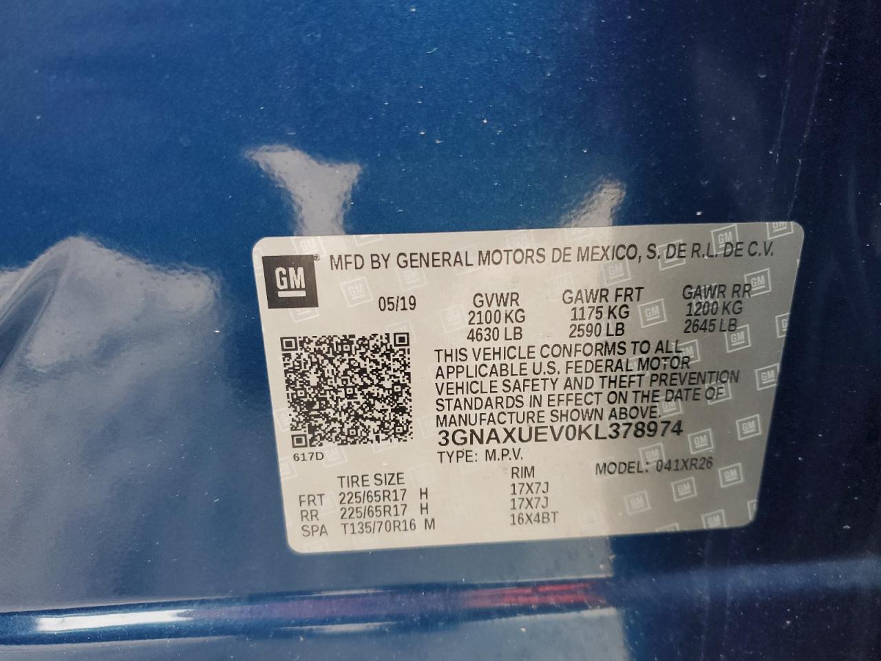 2019 Chevrolet Equinox Lt VIN: 3GNAXUEV0KL378974 Lot: 85083625