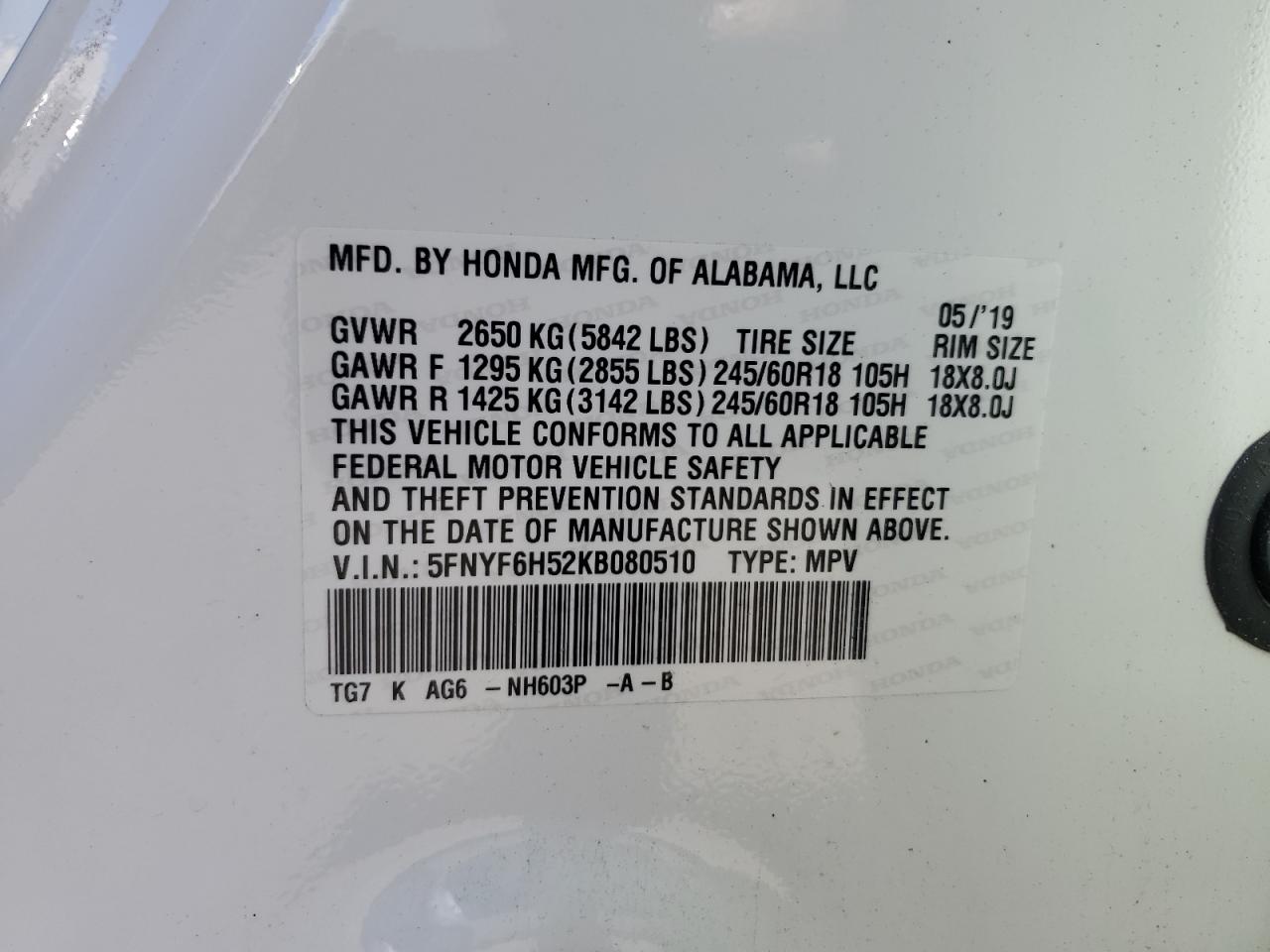 2019 Honda Pilot Exl VIN: 5FNYF6H52KB080510 Lot: 86838705