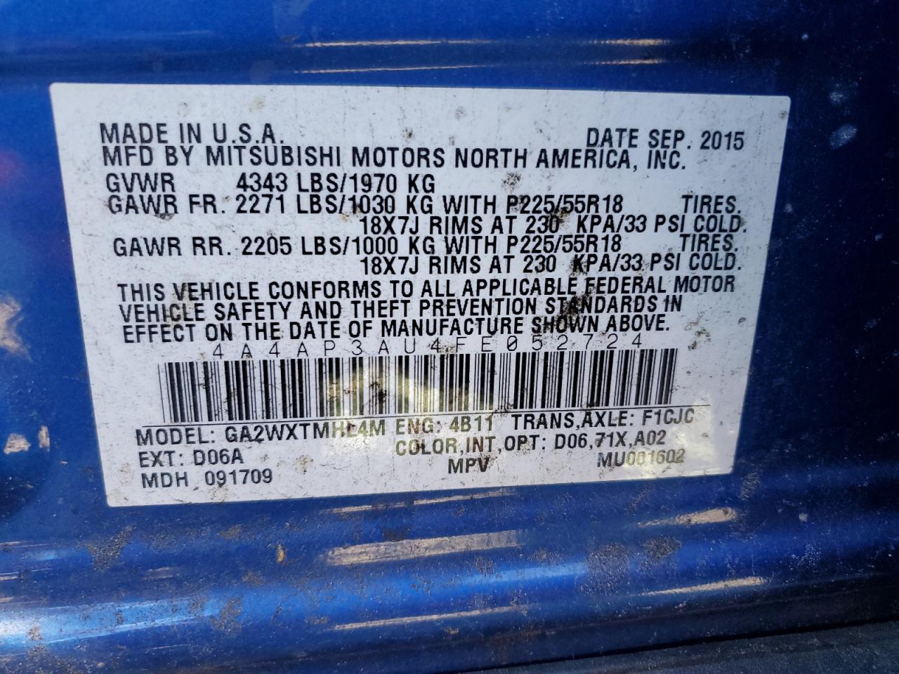 2015 Mitsubishi Outlander Sport Es VIN: 4A4AP3AU4FE052724 Lot: 84590355