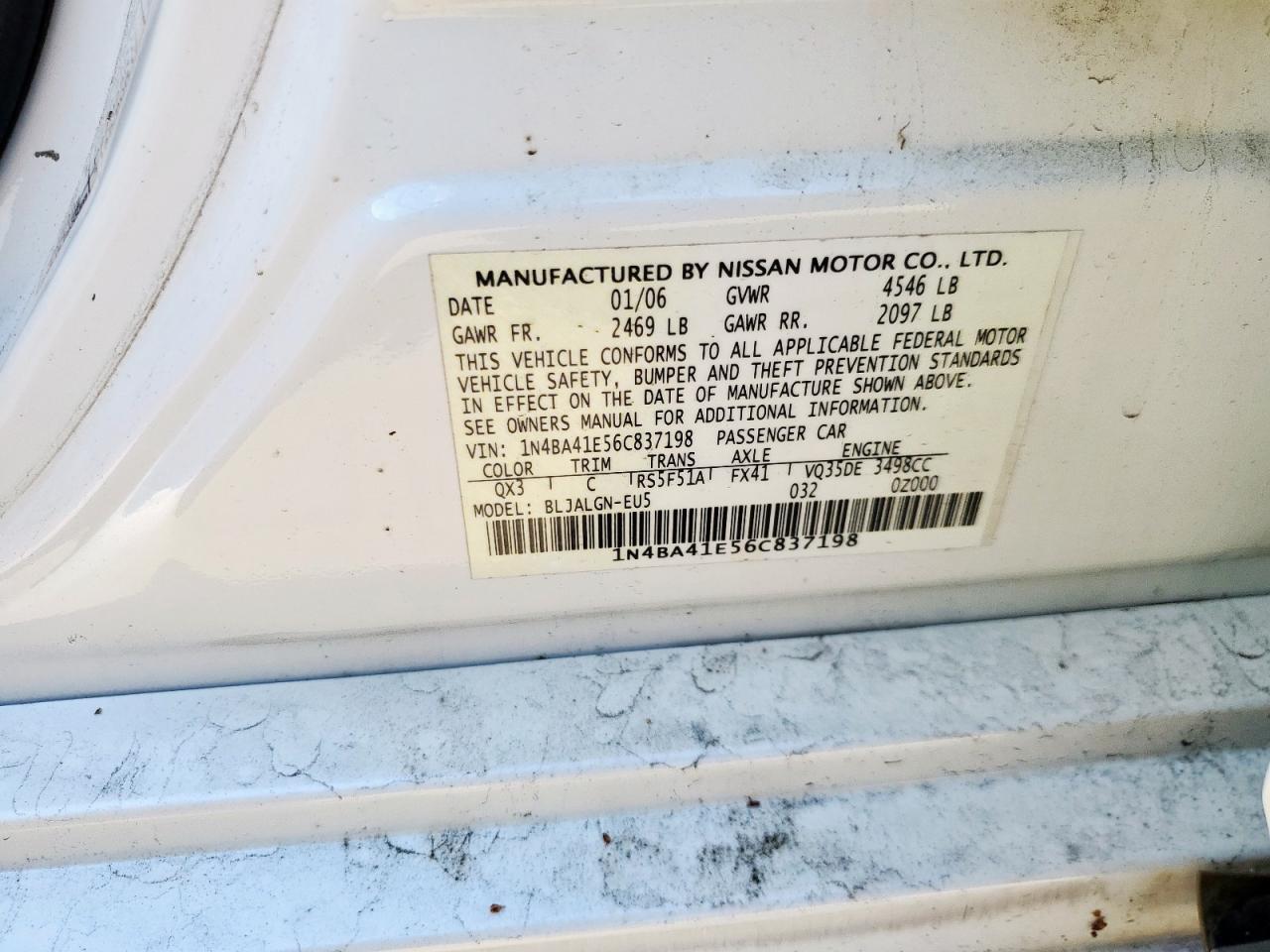 2006 Nissan Maxima Se VIN: 1N4BA41E56C837198 Lot: 85493685