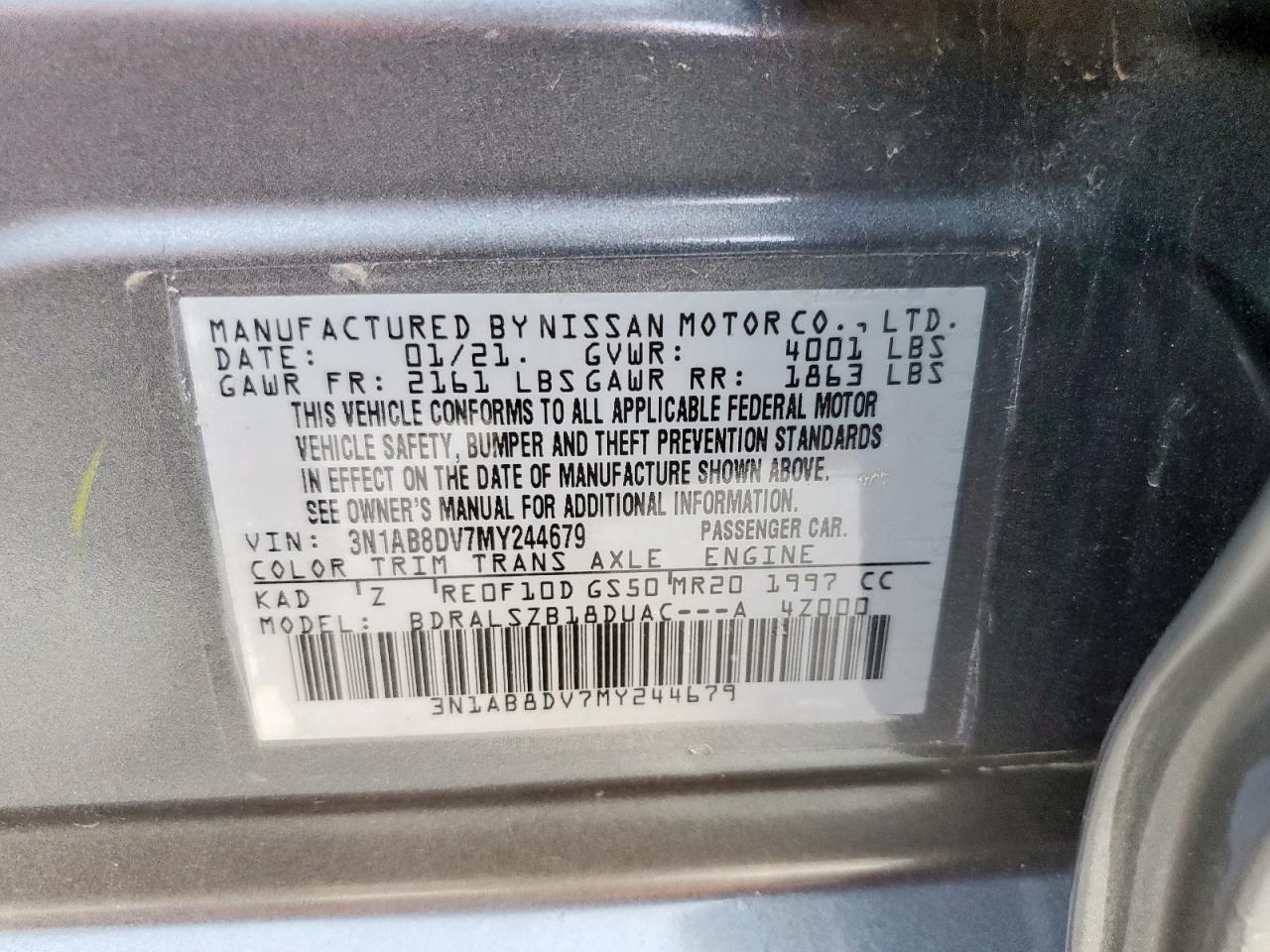 2021 Nissan Sentra Sr VIN: 3N1AB8DV7MY244679 Lot: 82091125