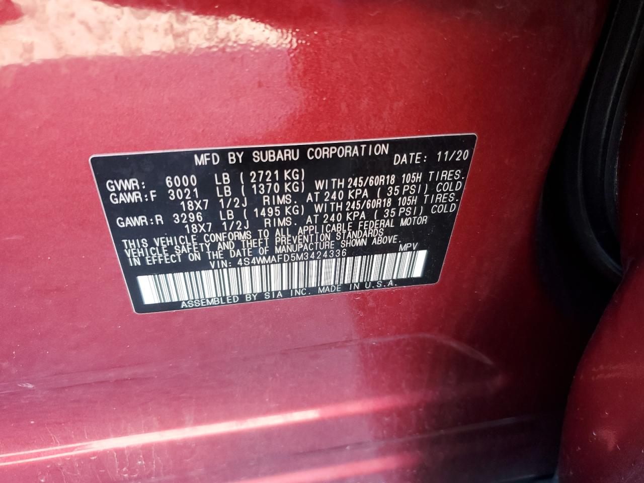 2021 Subaru Ascent Premium VIN: 4S4WMAFD5M3424336 Lot: 82283585