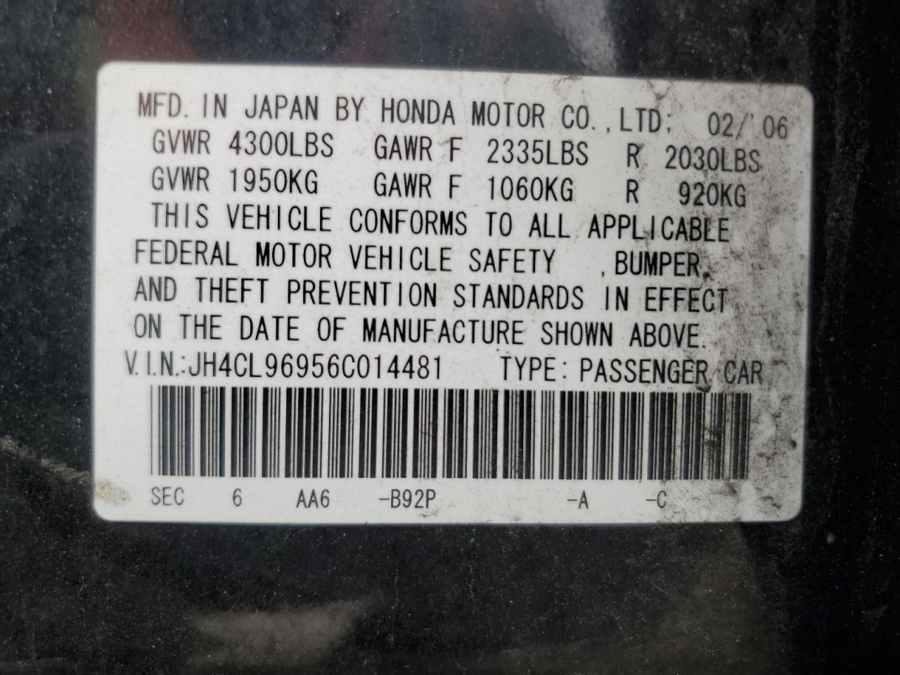 2006 Acura Tsx VIN: JH4CL96956C014481 Lot: 85681645