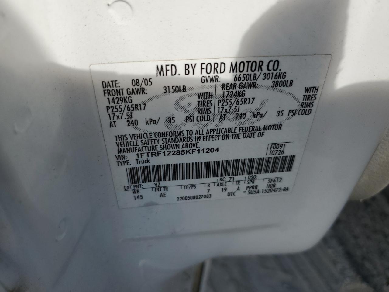 2005 Ford F150 VIN: 1FTRF12285KF11204 Lot: 85546535