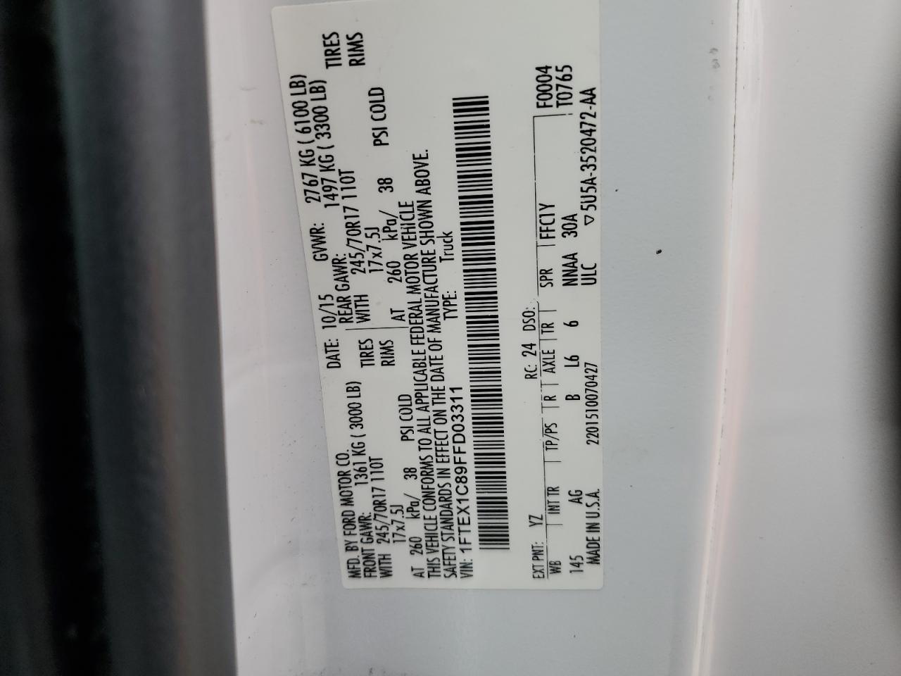 2015 Ford F150 Super Cab VIN: 1FTEX1C89FFD03311 Lot: 84794645