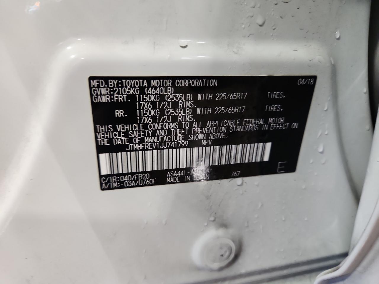 2018 Toyota Rav4 Le VIN: JTMBFREV1JJ741799 Lot: 85767645