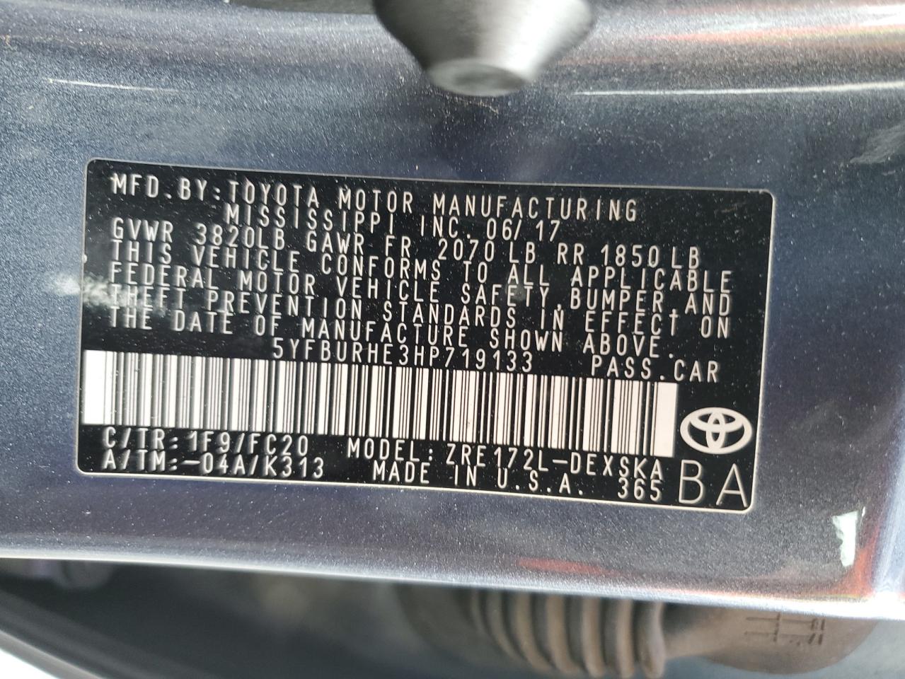 2017 Toyota Corolla L VIN: 5YFBURHE3HP719133 Lot: 86545635