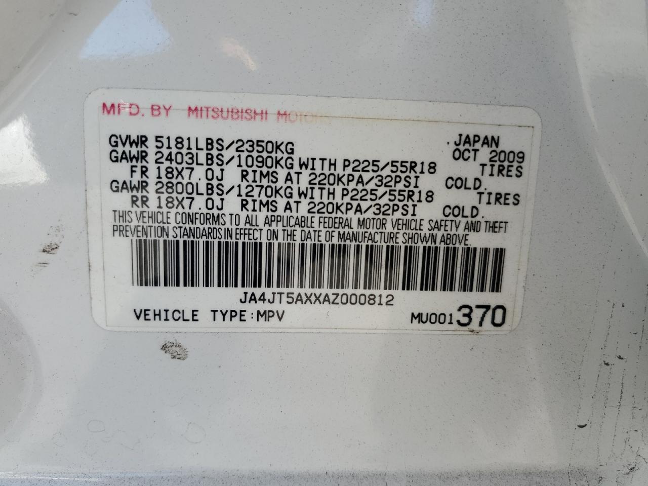 2010 Mitsubishi Outlander Gt VIN: JA4JT5AXXAZ000812 Lot: 87039925