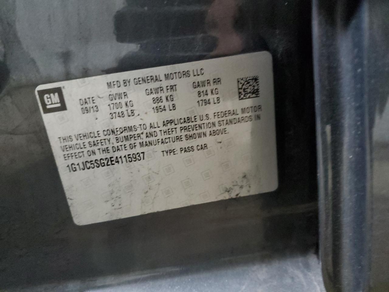 2014 Chevrolet Sonic Lt VIN: 1G1JC5SG2E4115937 Lot: 84601785