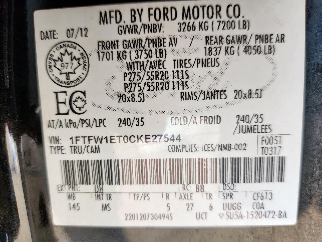 2012 Ford F150 Supercrew VIN: 1FTFW1ET0CKE27544 Lot: 86639335