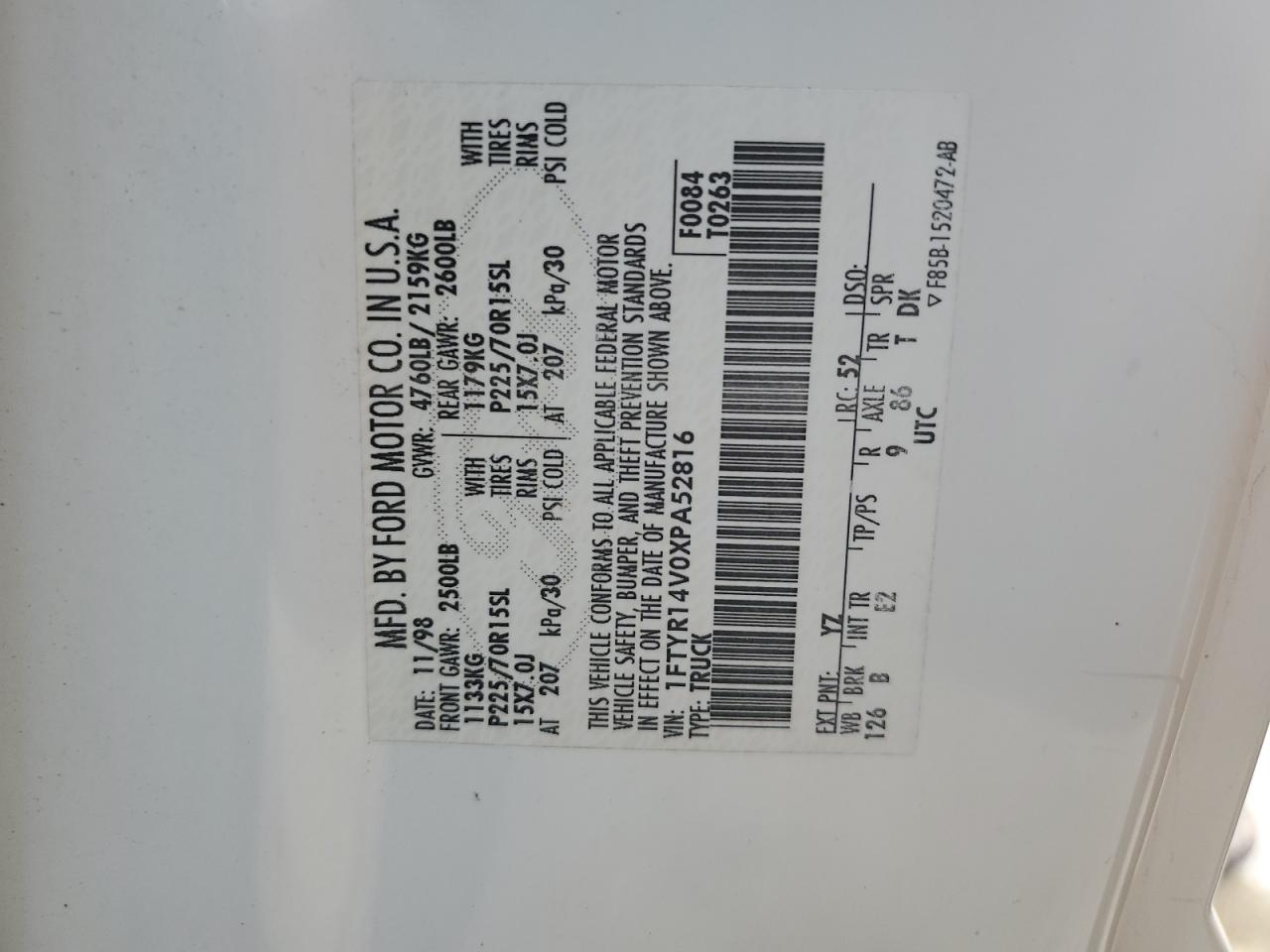 1999 Ford Ranger Super Cab VIN: 1FTYR14V0XPA52816 Lot: 87048025