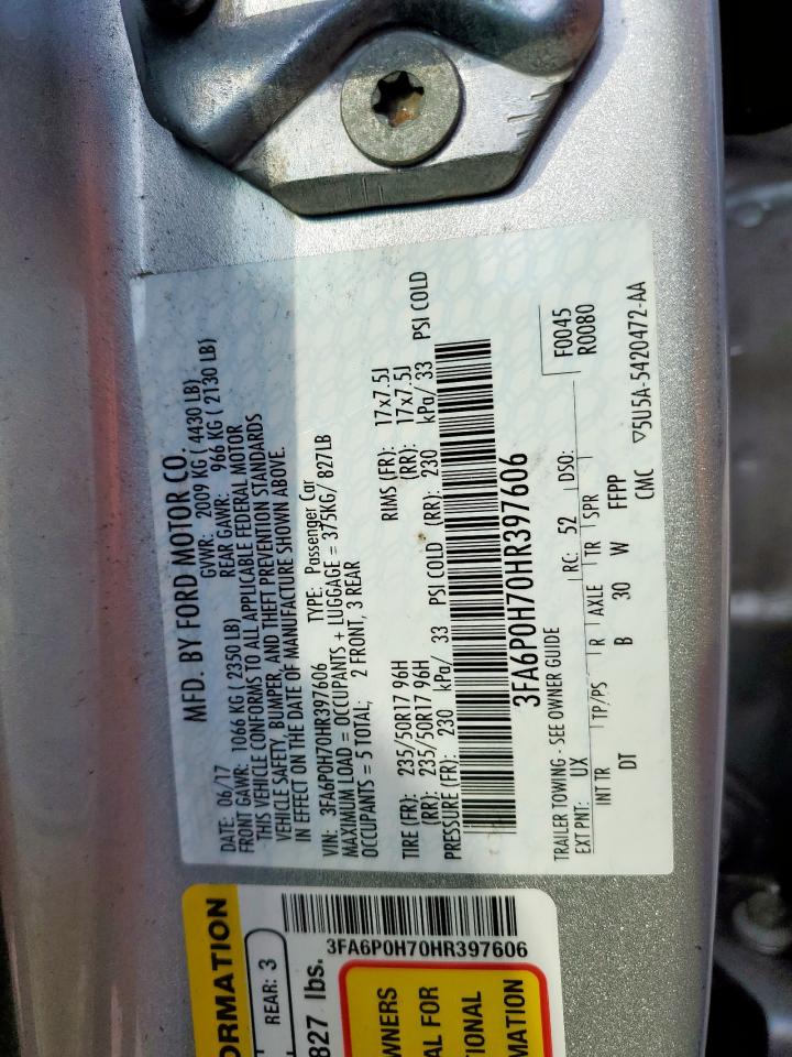 2017 Ford Fusion Se VIN: 3FA6P0H70HR397606 Lot: 84799855