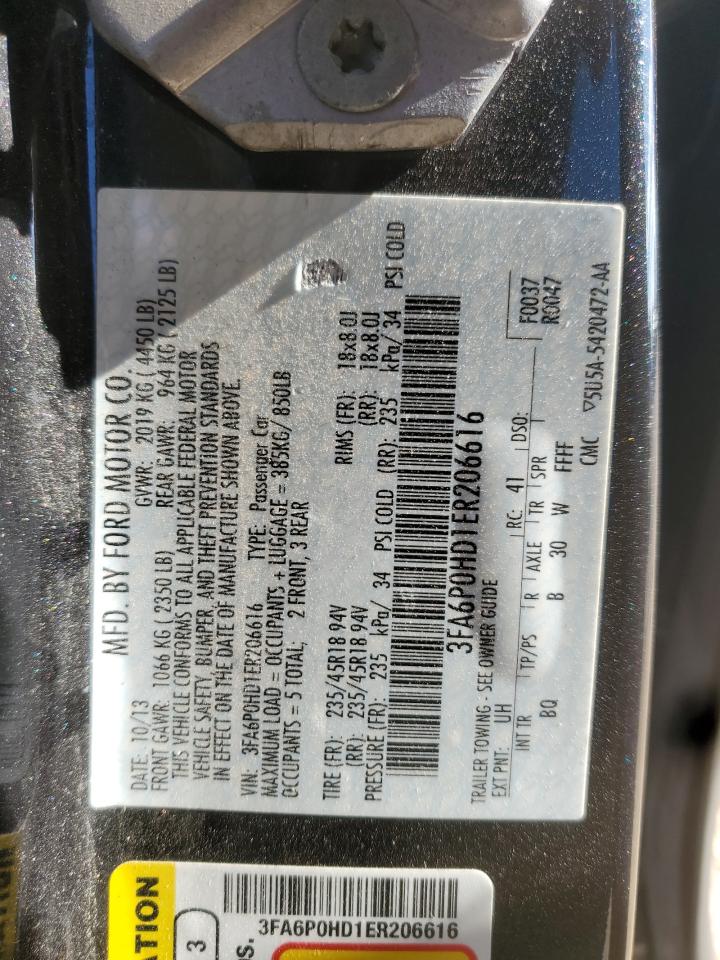 2014 Ford Fusion Se VIN: 3FA6P0HD1ER206616 Lot: 90283215