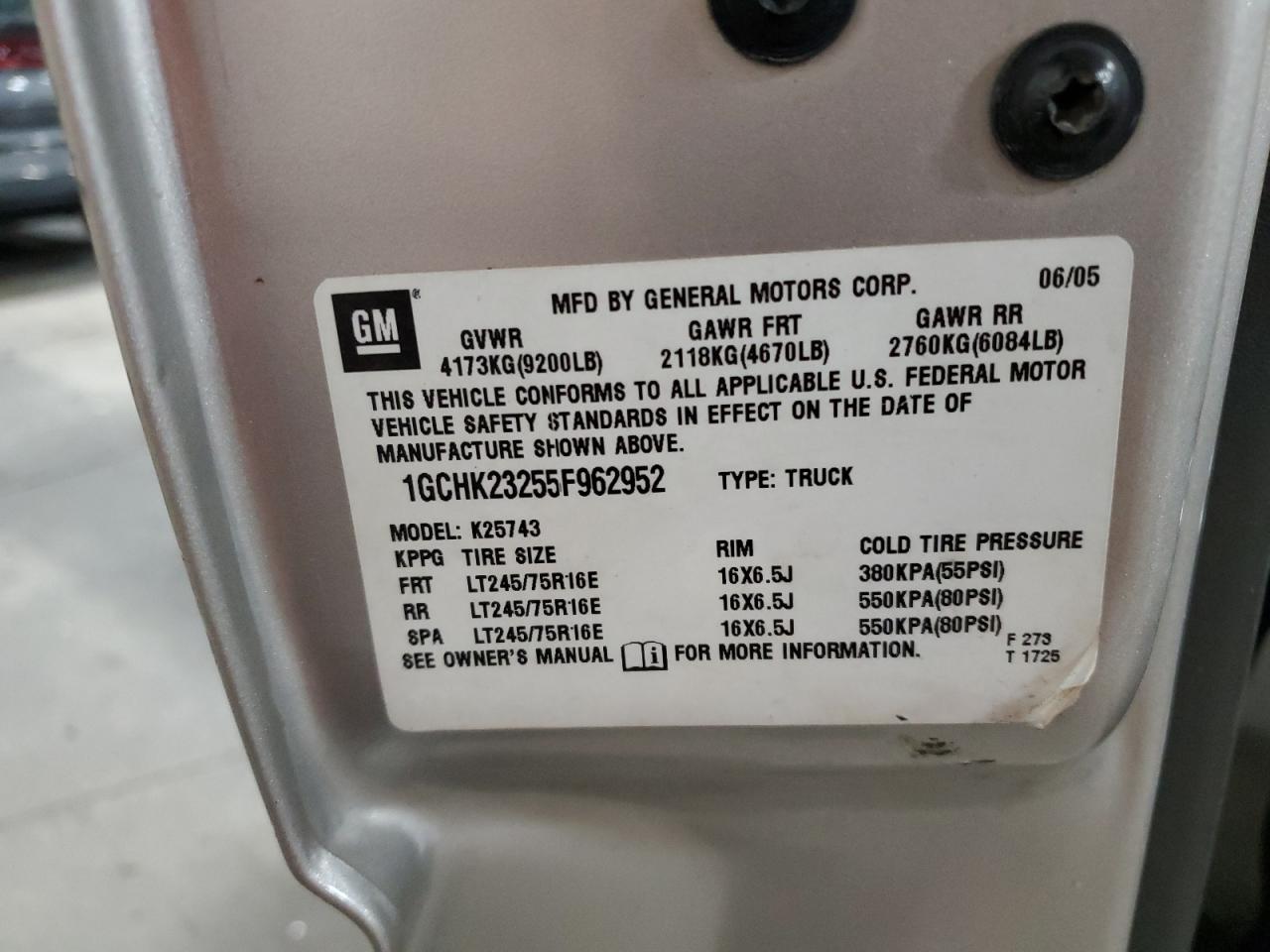 2005 Chevrolet Silverado K2500 Heavy Duty VIN: 1GCHK23255F962952 Lot: 85852465