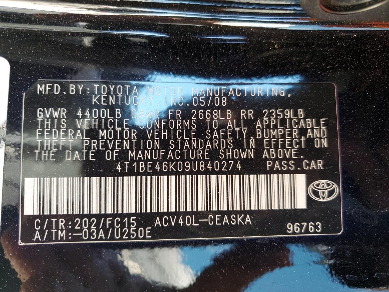 2009 Toyota Camry Base VIN: 4T1BE46K09U840274 Lot: 86136955