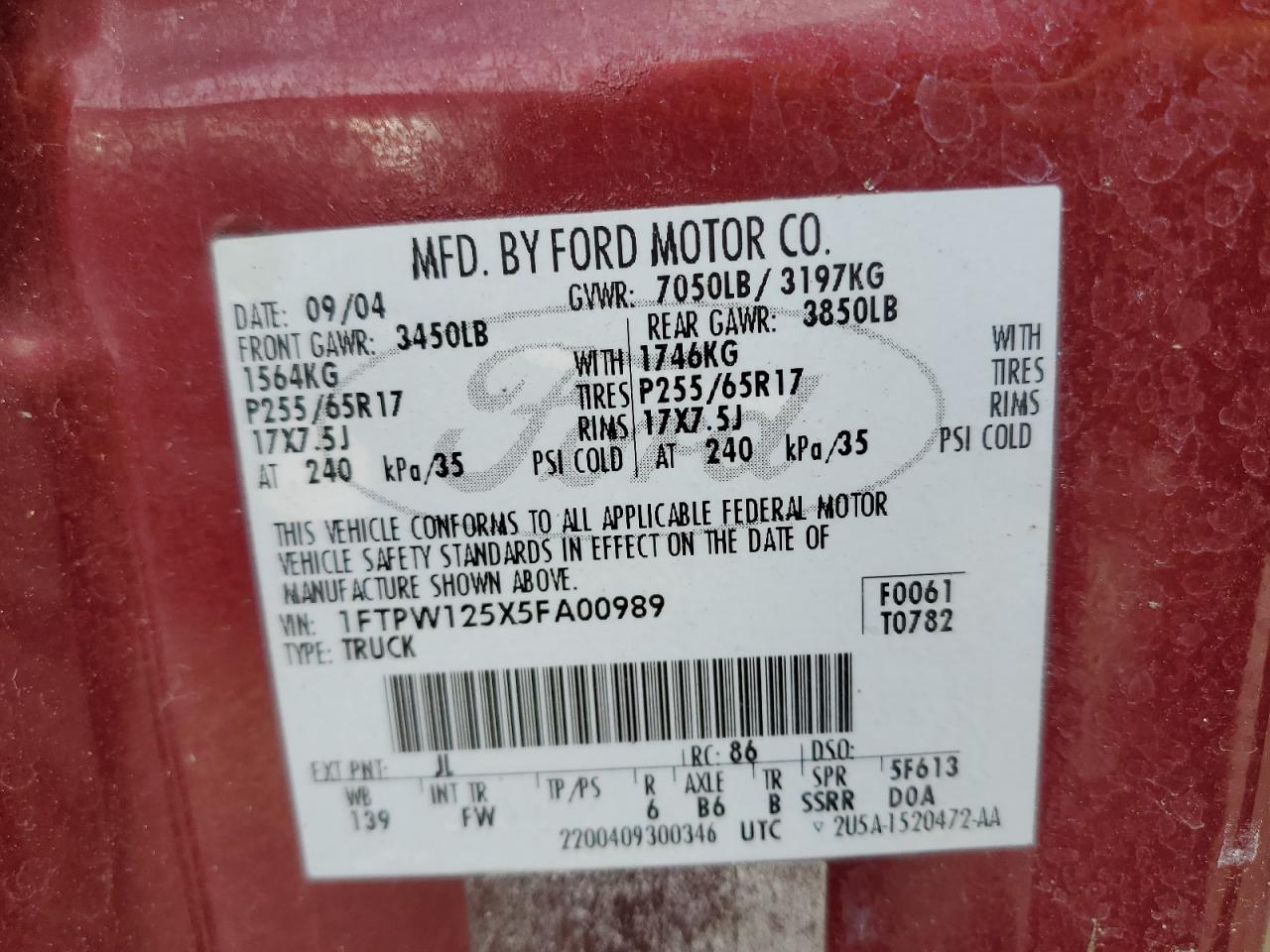 2005 Ford F150 Supercrew VIN: 1FTPW125X5FA00989 Lot: 90555845