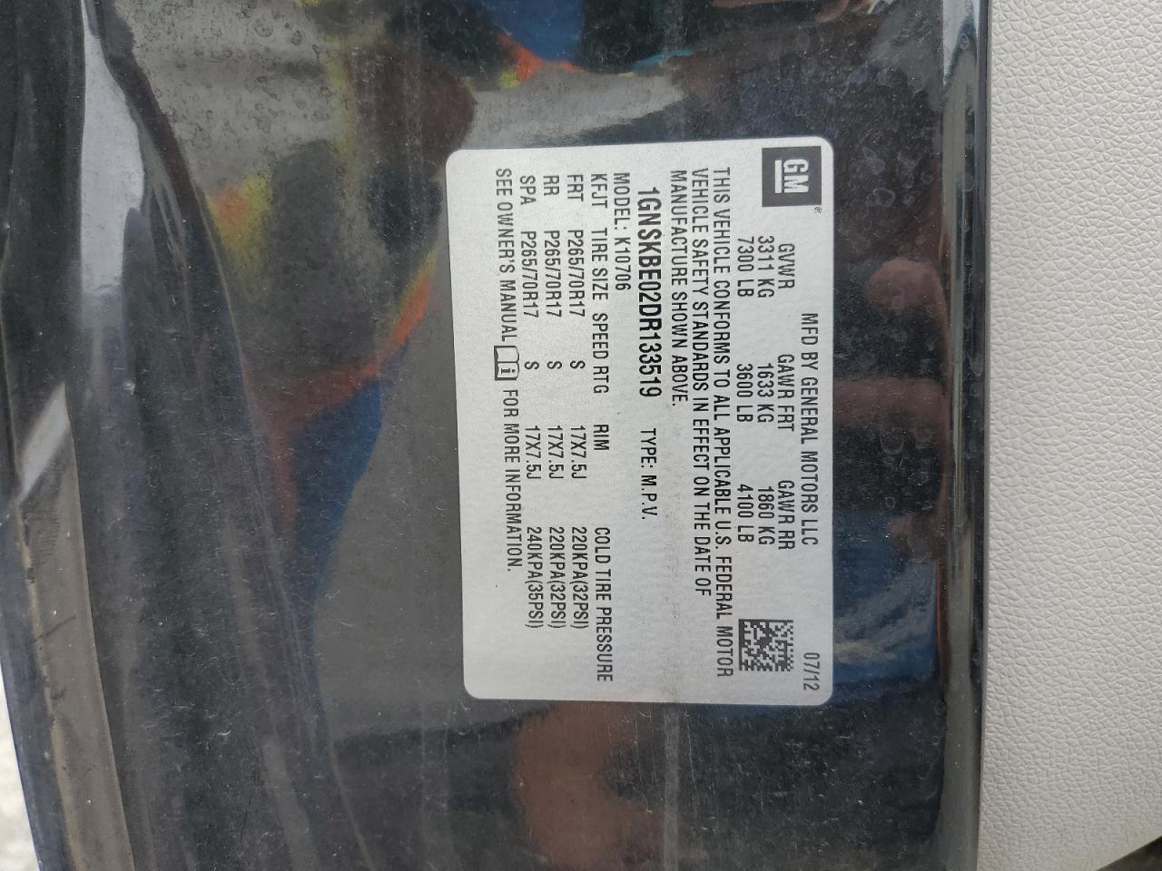 2013 Chevrolet Tahoe K1500 Lt VIN: 1GNSKBE02DR133519 Lot: 86129285