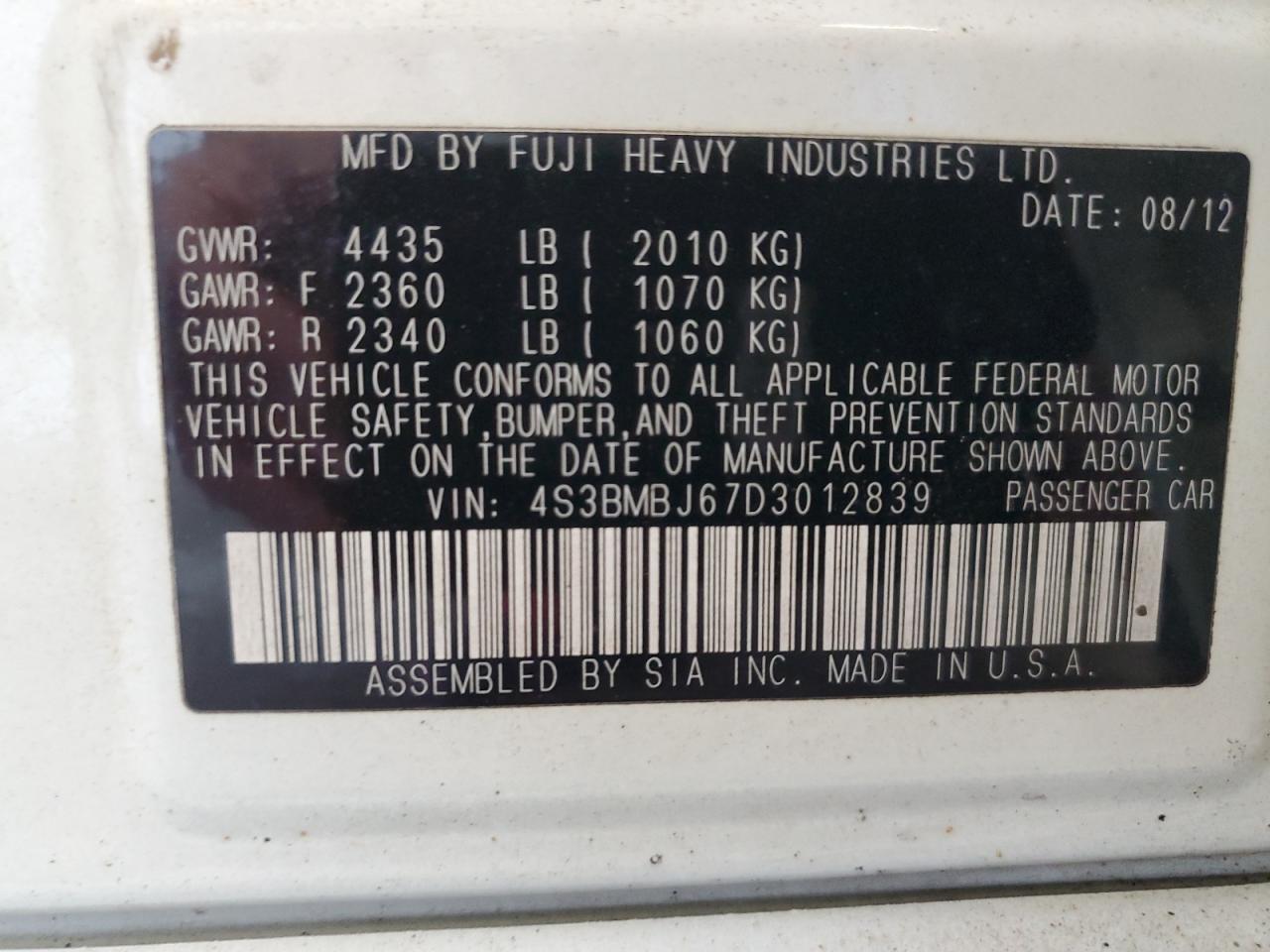 2013 Subaru Legacy 2.5I Limited VIN: 4S3BMBJ67D3012839 Lot: 85401235