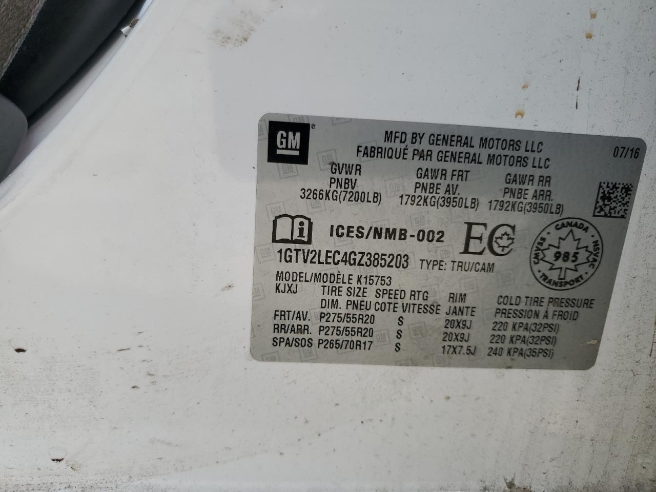2016 GMC Sierra K1500 VIN: 1GTV2LEC4GZ385203 Lot: 84832605