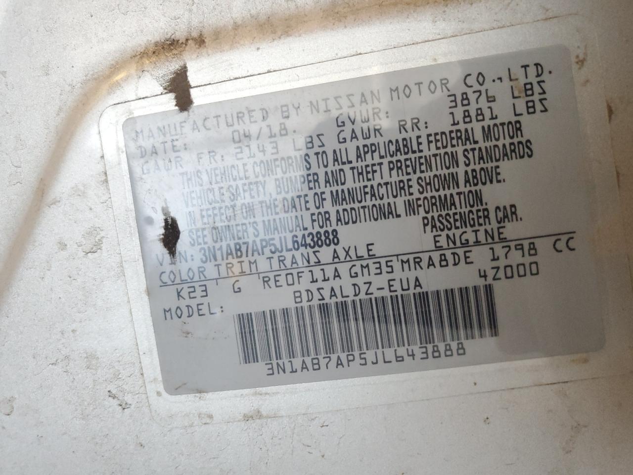 2018 Nissan Sentra S VIN: 3N1AB7AP5JL643888 Lot: 82315275