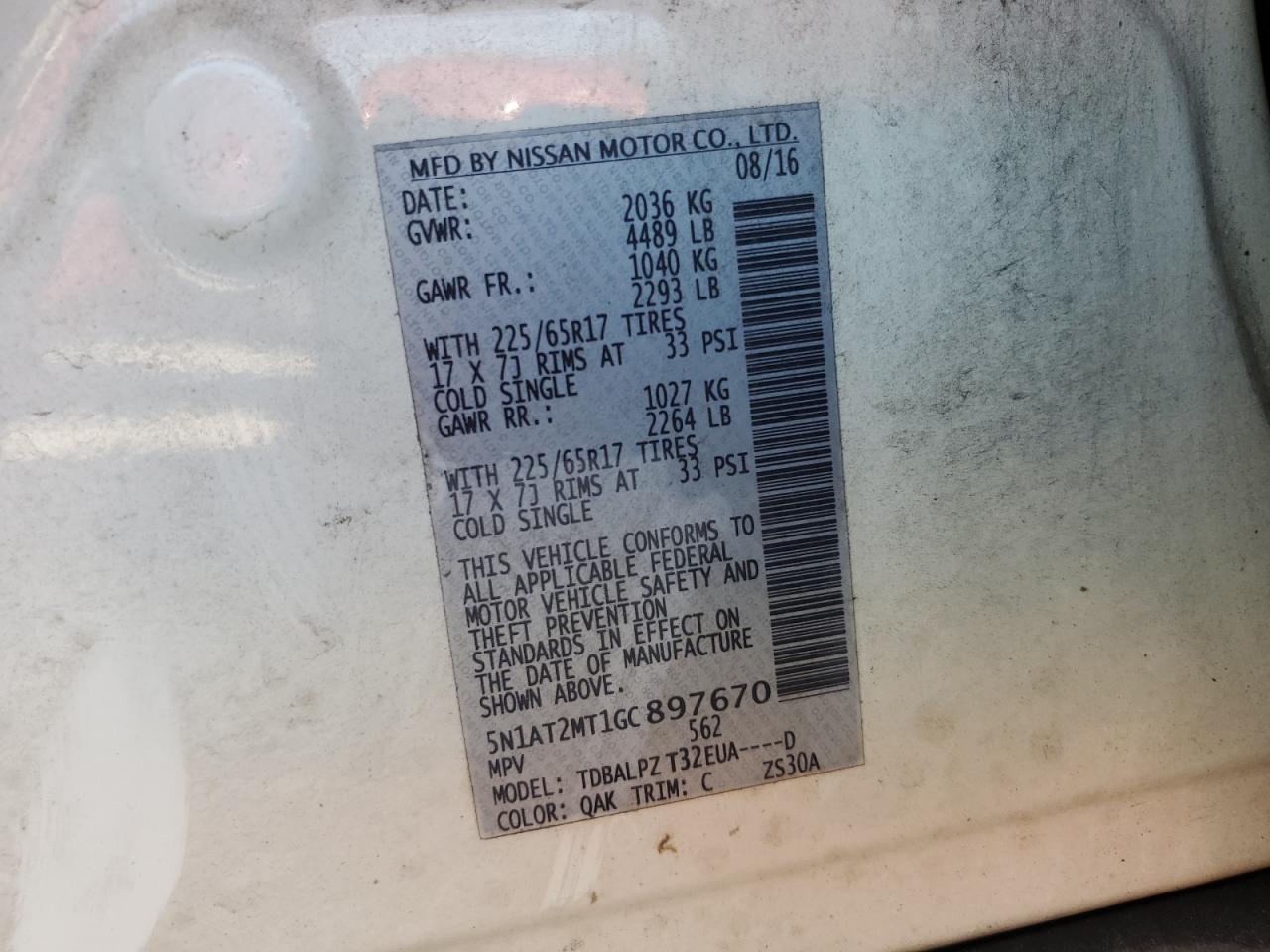 2016 Nissan Rogue S VIN: 5N1AT2MT1GC897670 Lot: 84432015