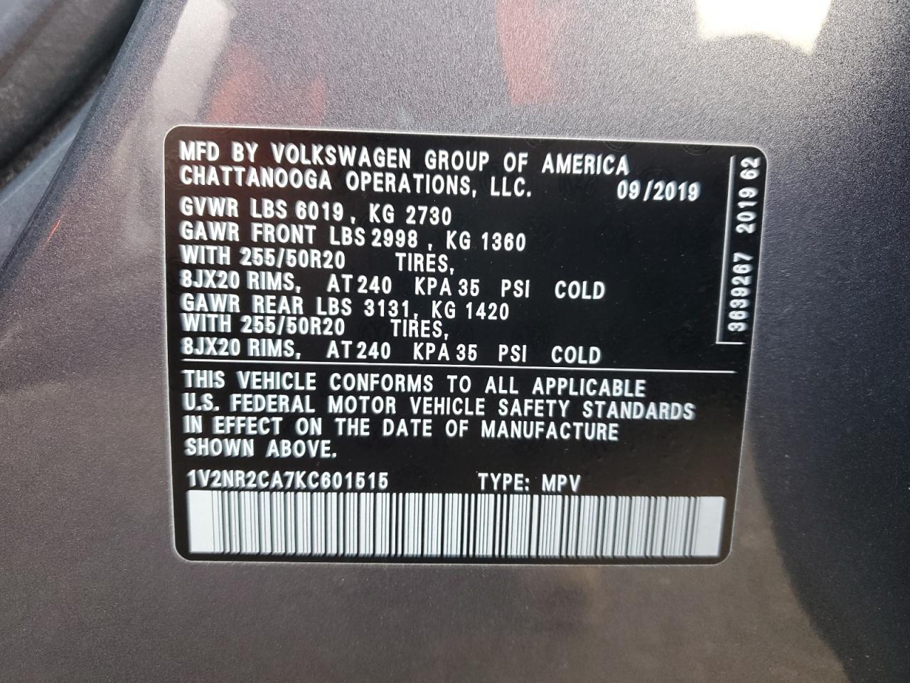 2019 Volkswagen Atlas Sel Premium VIN: 1V2NR2CA7KC601515 Lot: 85385855
