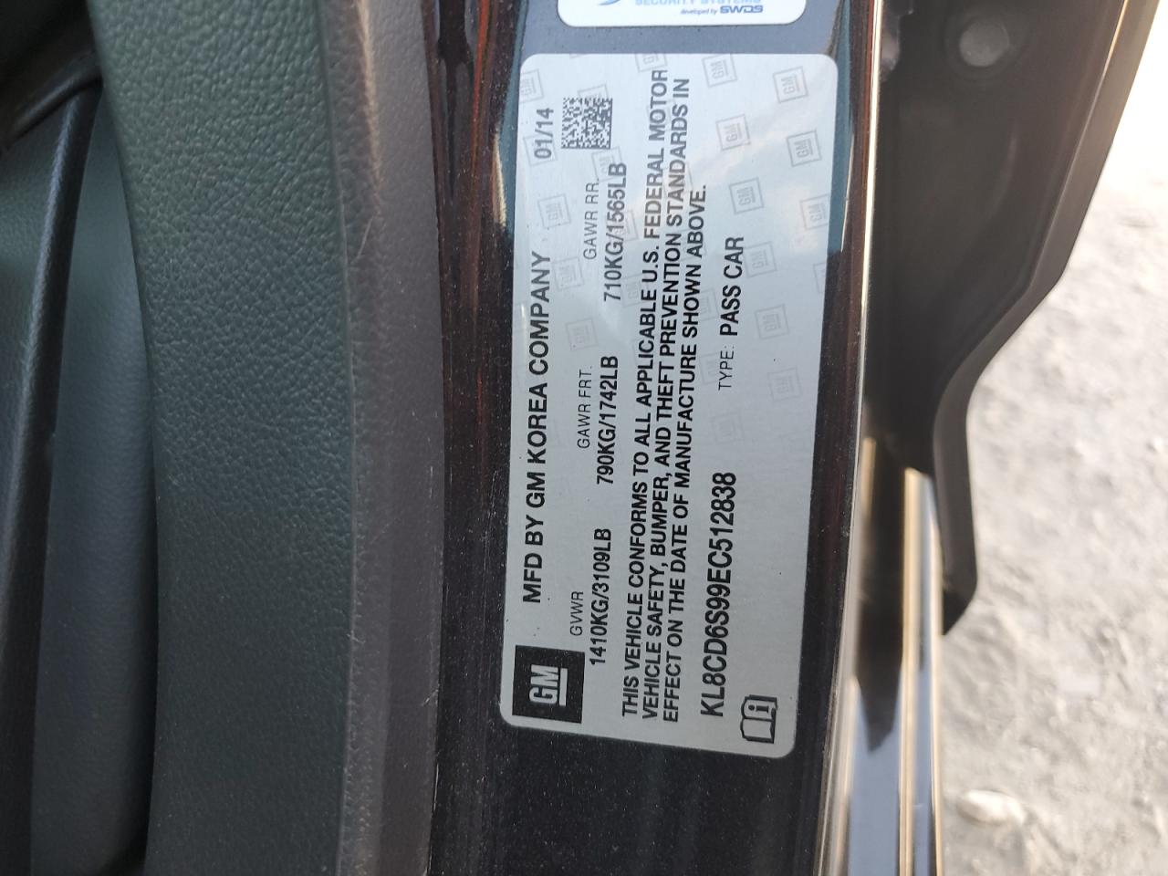 2014 Chevrolet Spark 1Lt VIN: KL8CD6S99EC512838 Lot: 85843665