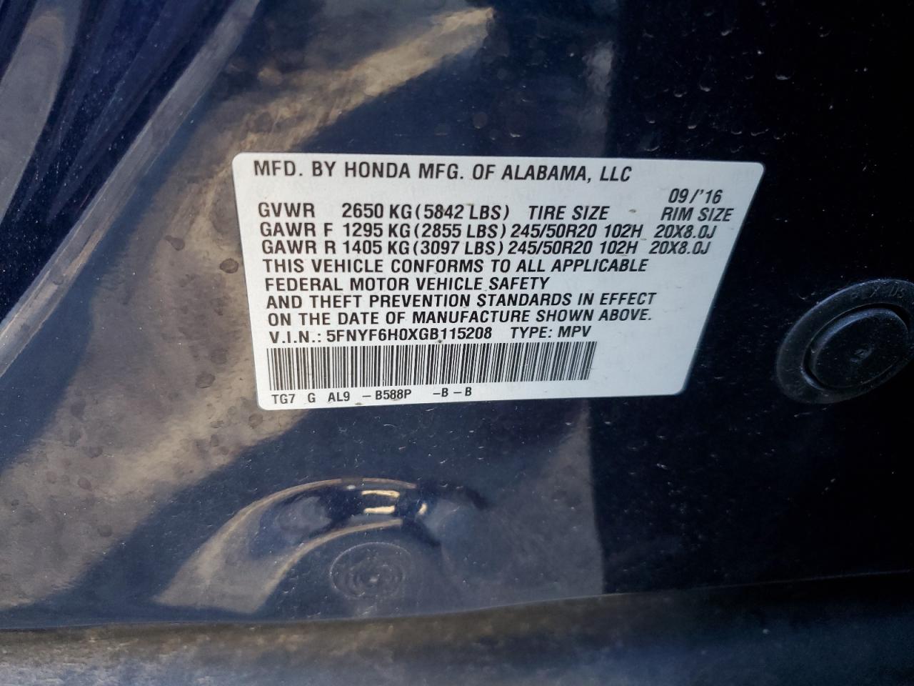 2016 Honda Pilot Elite VIN: 5FNYF6H0XGB115208 Lot: 87289725