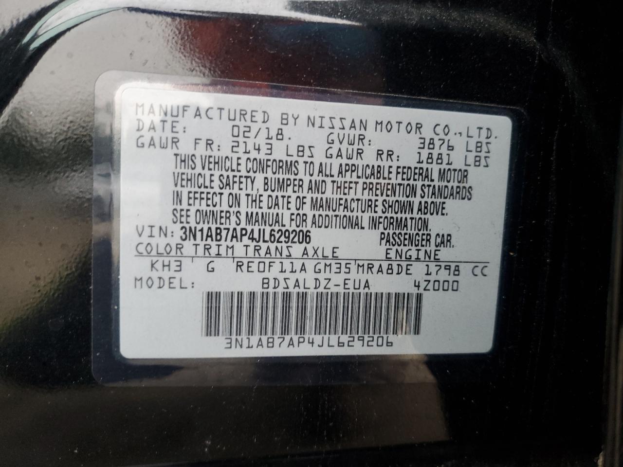 2018 Nissan Sentra S VIN: 3N1AB7AP4JL629206 Lot: 86288685