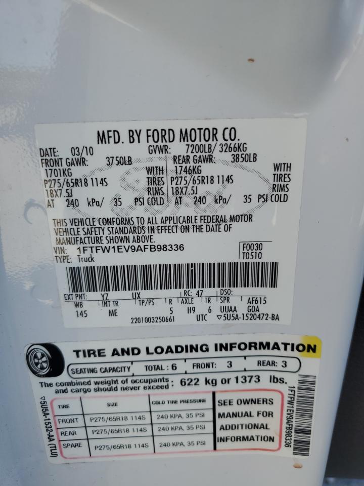 2010 Ford F150 Supercrew VIN: 1FTFW1EV9AFB98336 Lot: 86110185