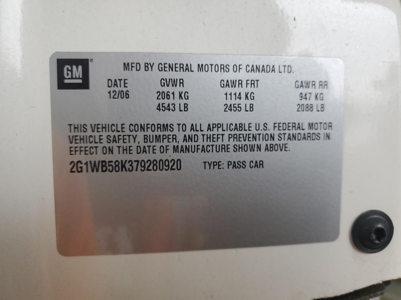 2007 Chevrolet Impala Ls VIN: 2G1WB58K379280920 Lot: 82486775