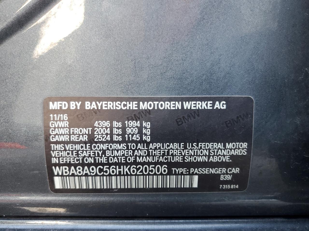 2017 BMW 320 I VIN: WBA8A9C56HK620506 Lot: 86159585